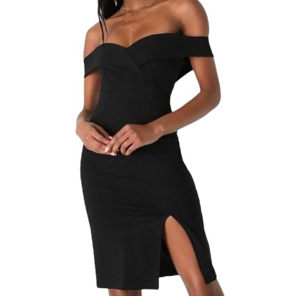 Lulus Classic Glam Black Off-the-Shoulder Slit Leg Bodycon Dress Size Small